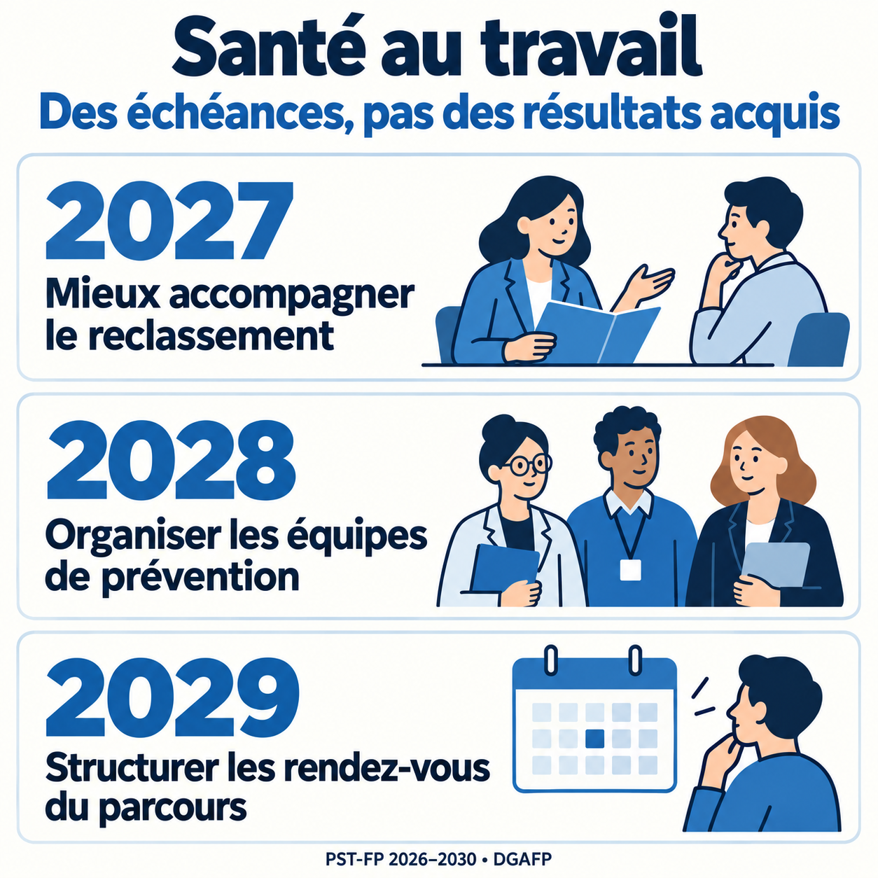Échéances prévues par le plan : accompagnement du reclassement en 2027, équipes de prévention en 2028 et rendez-vous du parcours en 2029.
