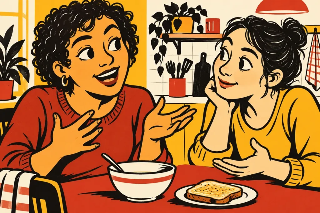 Dessin au feutre de deux personnes échangeant à une table, avec un bol et une tartine au premier plan.