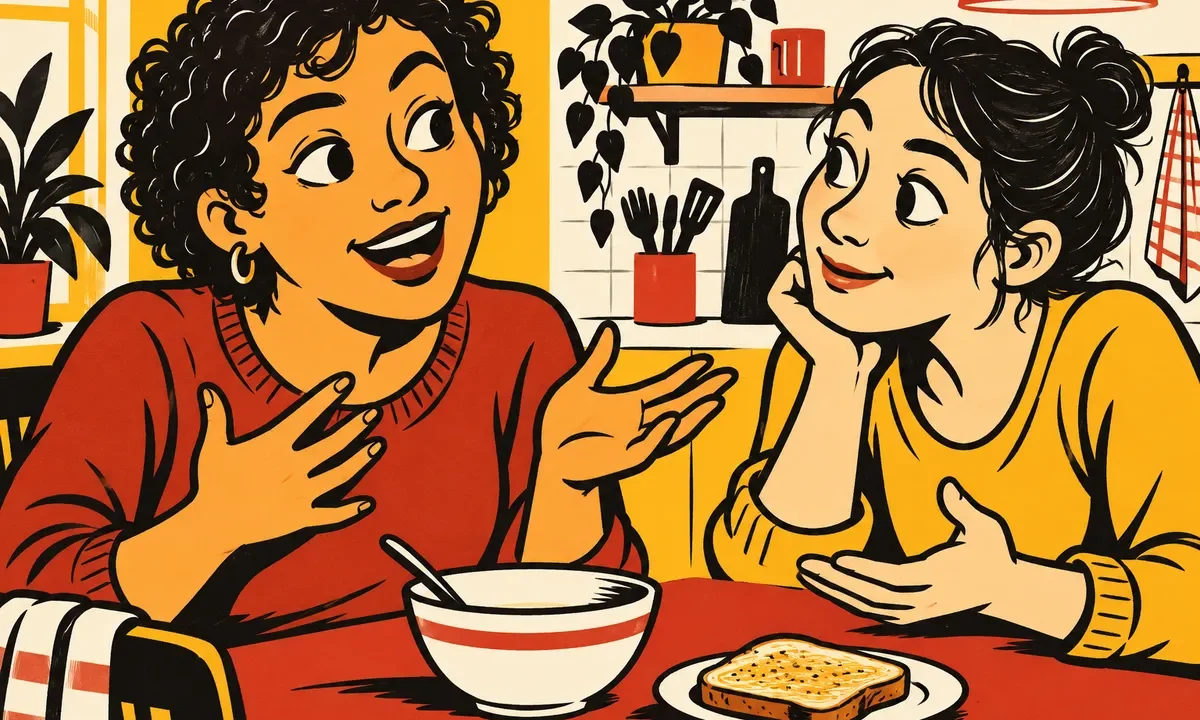 Dessin au feutre de deux personnes échangeant à une table, avec un bol et une tartine au premier plan.