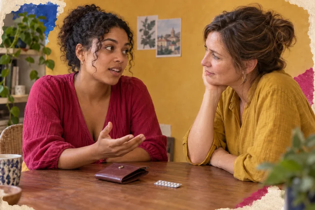 Deux femmes échangent à une table, l’une parlant avec une main ouverte ; un étui brun et une petite plaquette argentée sont posés au premier plan.