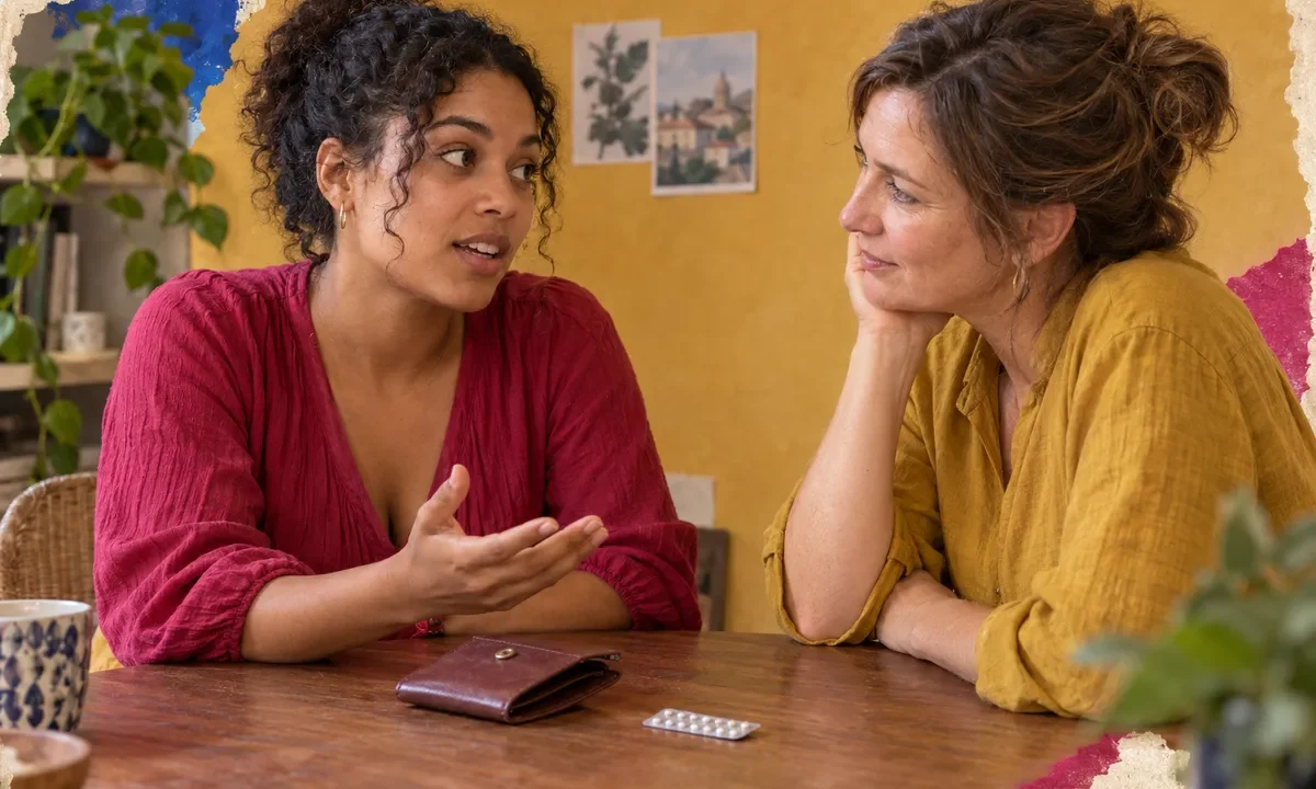 Deux femmes échangent à une table, l’une parlant avec une main ouverte ; un étui brun et une petite plaquette argentée sont posés au premier plan.
