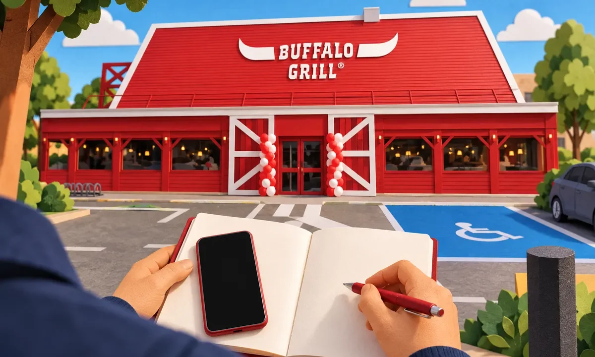 Illustration d’un carnet et d’un téléphone devant la façade du Buffalo Grill.