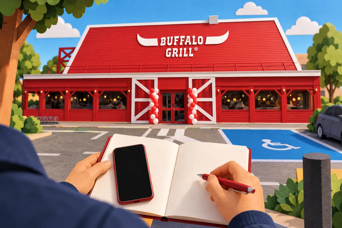 Illustration d’un carnet et d’un téléphone devant la façade du Buffalo Grill.