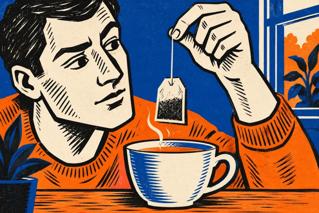 Illustration graphique d’une personne qui observe un sachet de thé suspendu au-dessus d’une tasse.