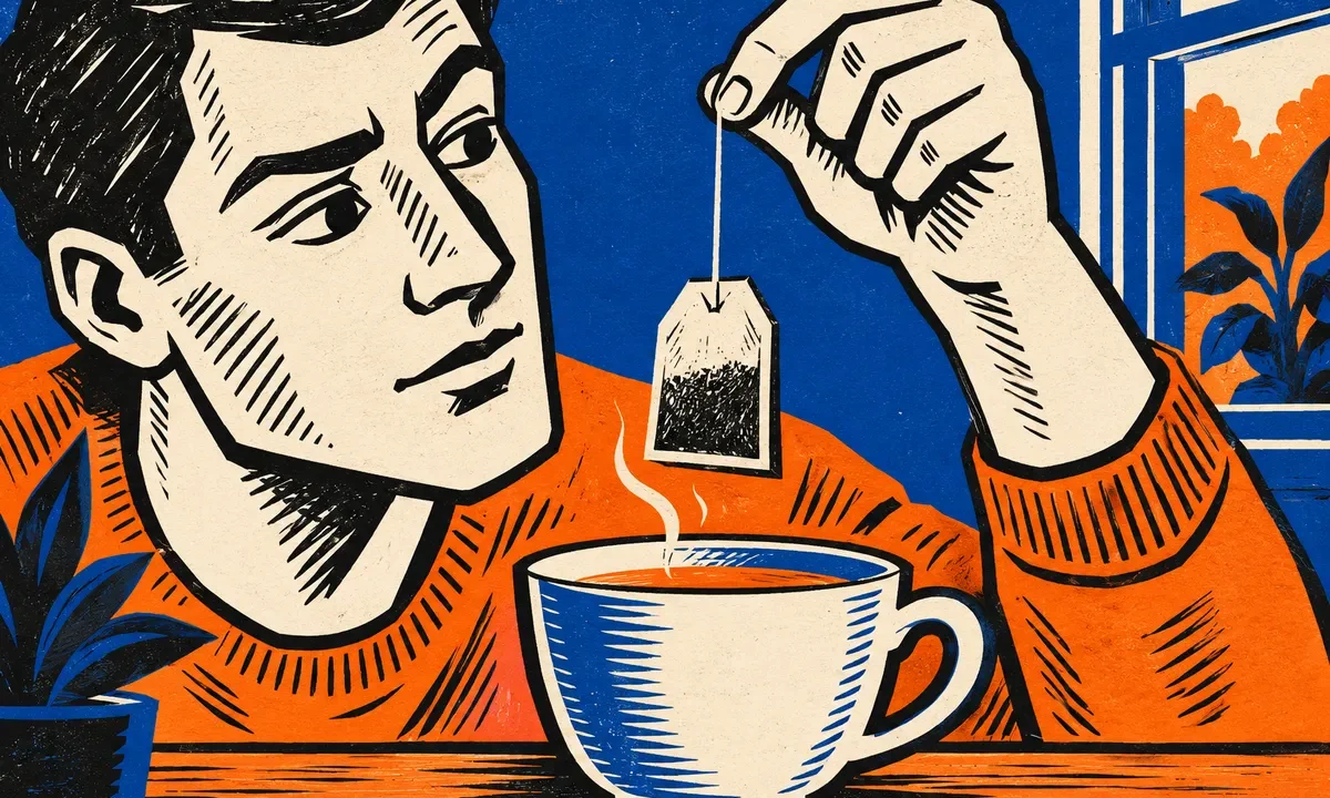 Illustration graphique d’une personne qui observe un sachet de thé suspendu au-dessus d’une tasse.