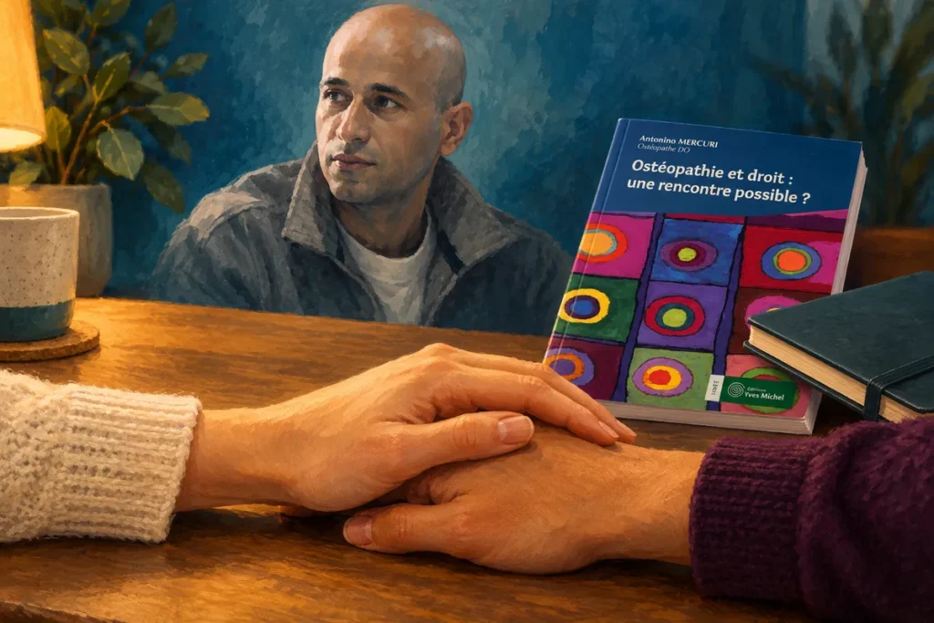 Illustration de mains en soutien devant un portrait d’Antonino Mercuri et son ouvrage.