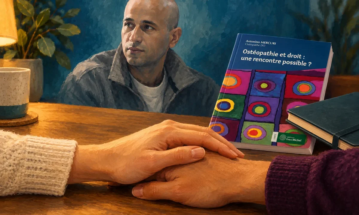 Illustration de mains en soutien devant un portrait d’Antonino Mercuri et son ouvrage.