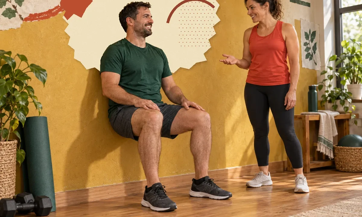 Un homme maintient un squat dos au mur, pieds au sol et espace vide sous le bassin, en échangeant un regard avec une femme à ses côtés.