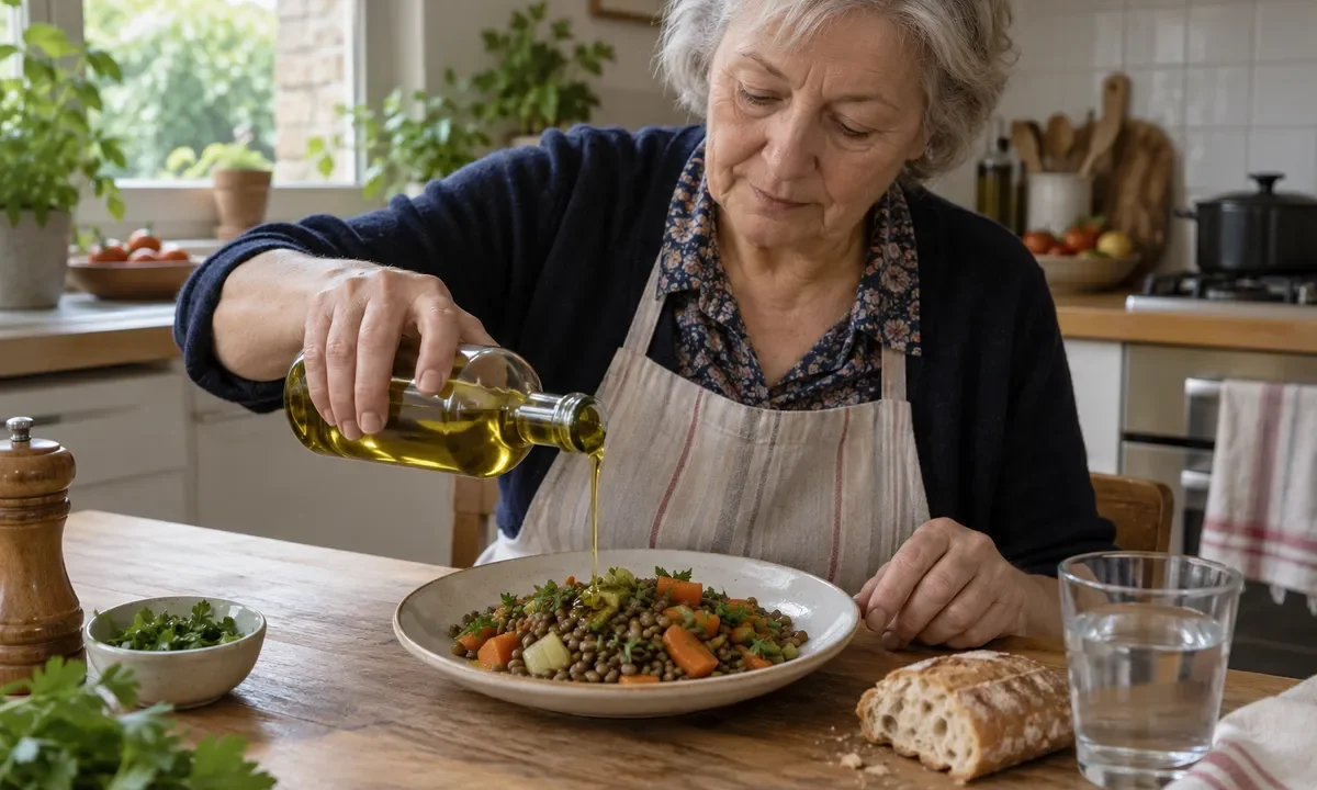 Une femme âgée verse de l’huile d’olive sur une assiette de lentilles et de légumes.