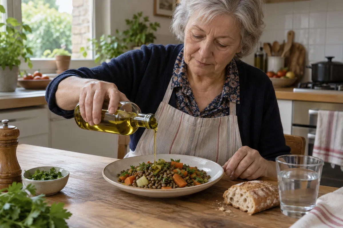 Une femme âgée verse de l’huile d’olive sur une assiette de lentilles et de légumes.