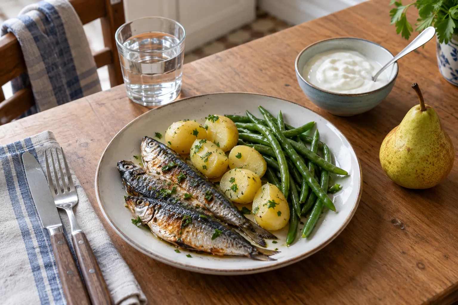 Une assiette de sardines, pommes de terre et haricots verts, avec un yaourt, une poire et un verre d’eau.
