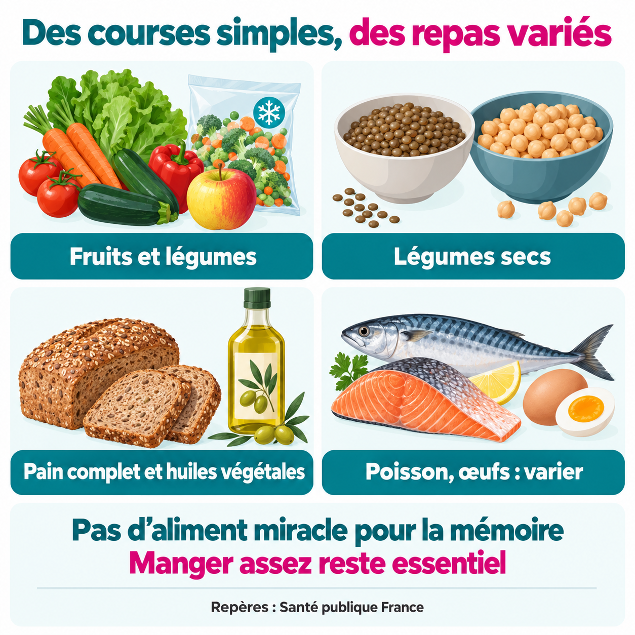 Quatre familles de courses : fruits et légumes, légumes secs, pain complet et huiles végétales, poisson et œufs. Aucun aliment miracle pour la mémoire ; manger assez reste essentiel.