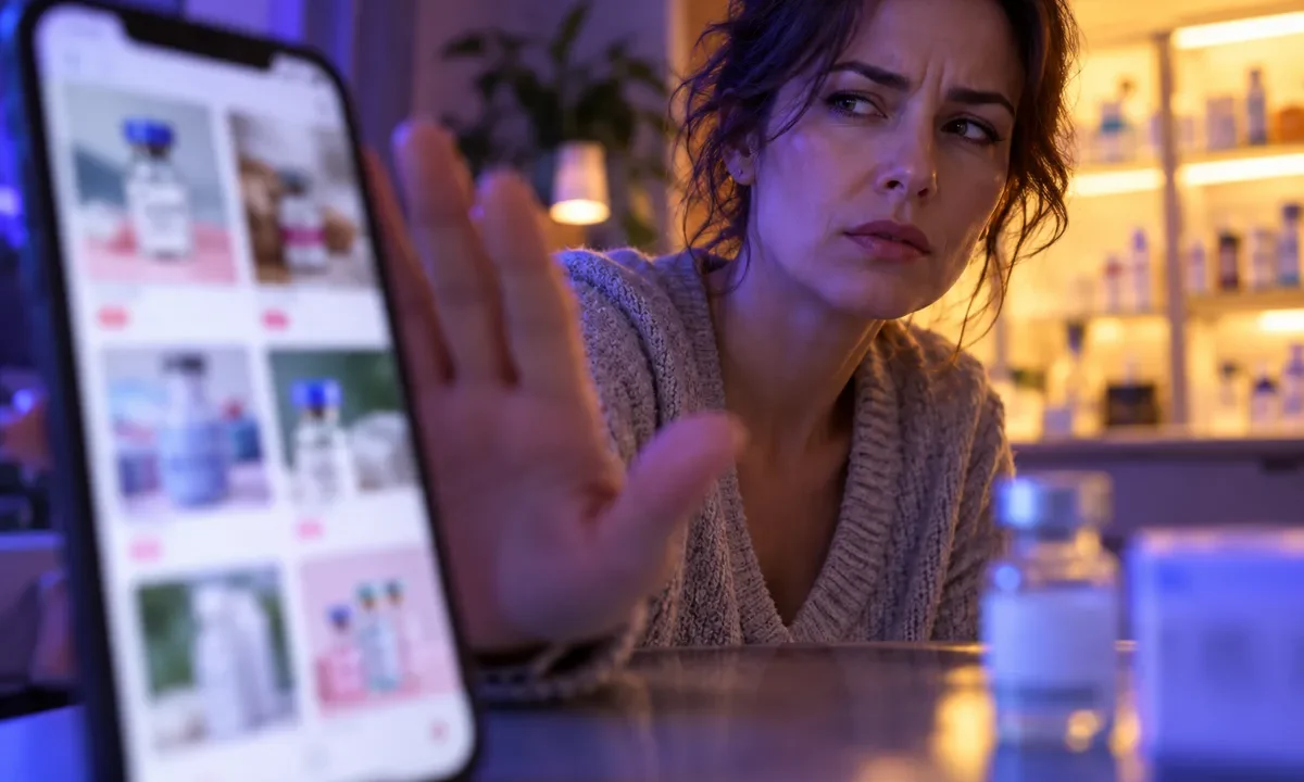 Offre de produit de santé à l’écran et regard sceptique d’une utilisatrice.