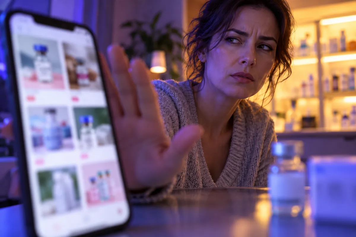 Offre de produit de santé à l’écran et regard sceptique d’une utilisatrice.