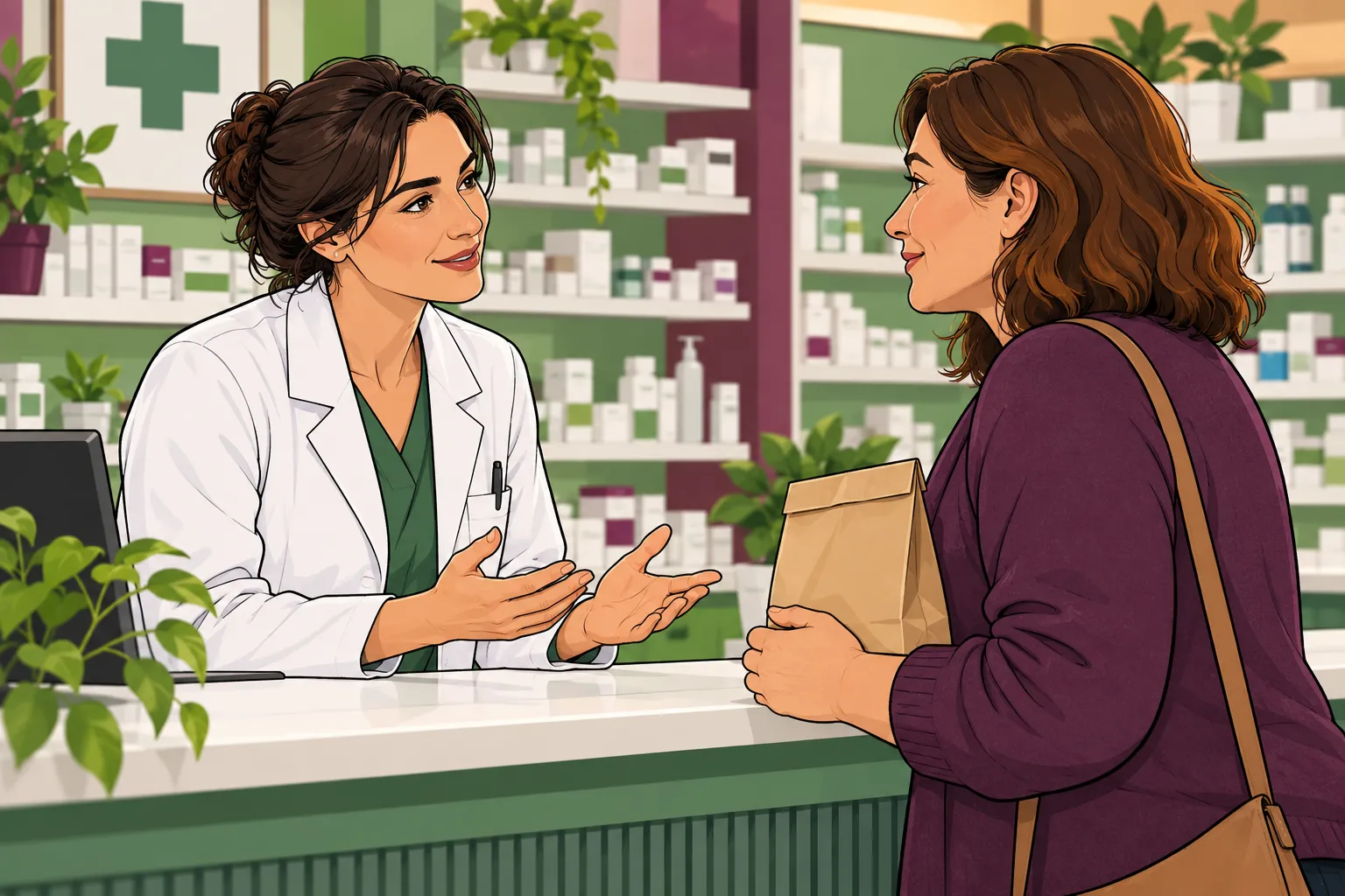 Conversation avec un pharmacien au sujet de l’origine d’un produit de santé.