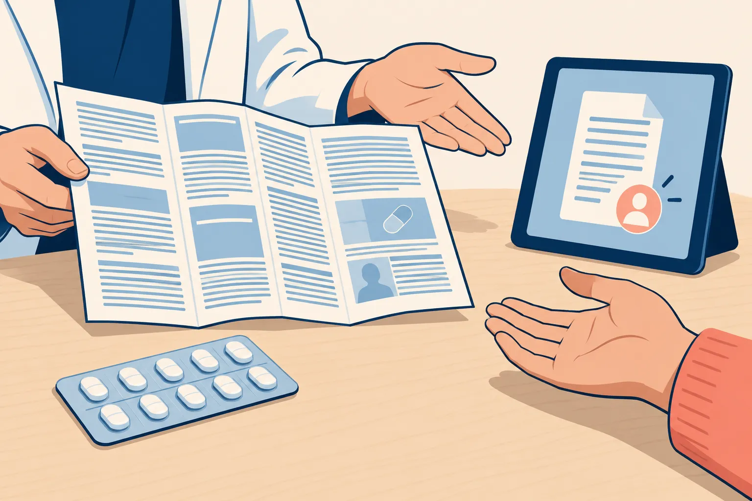 Illustration d’une notice papier et d’un accès numérique à l’information du médicament.