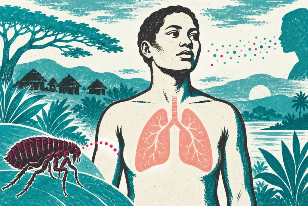 Illustration conceptuelle réunissant une silhouette humaine, une puce et des repères respiratoires.