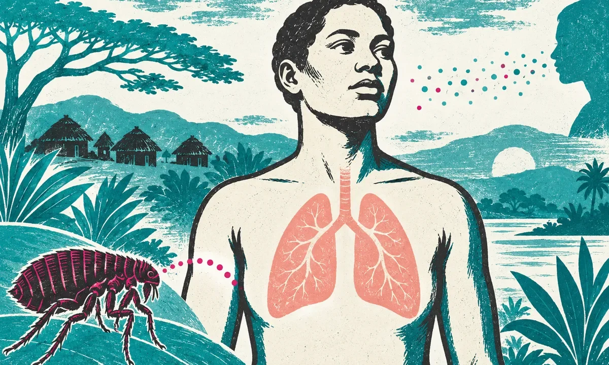 Illustration conceptuelle réunissant une silhouette humaine, une puce et des repères respiratoires.