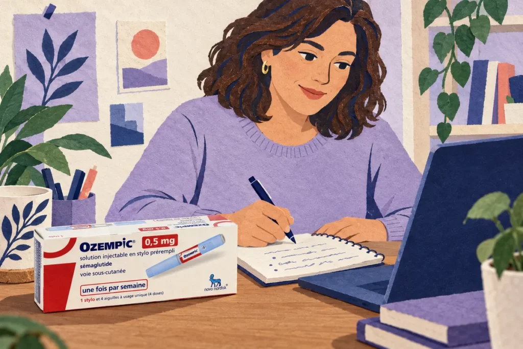 Personne rédigeant des notes devant un ordinateur, avec une boîte de médicament sur le bureau.