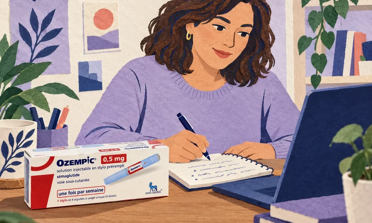 Personne rédigeant des notes devant un ordinateur, avec une boîte de médicament sur le bureau.
