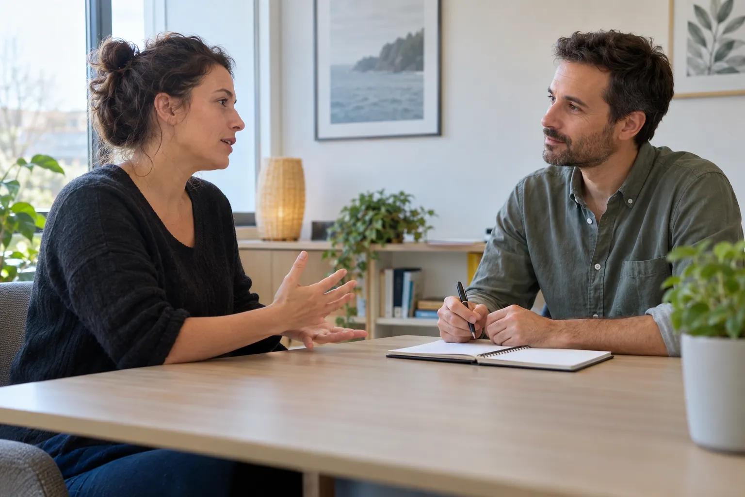 Deux adultes échangent autour d’un carnet dans un cabinet de consultation.