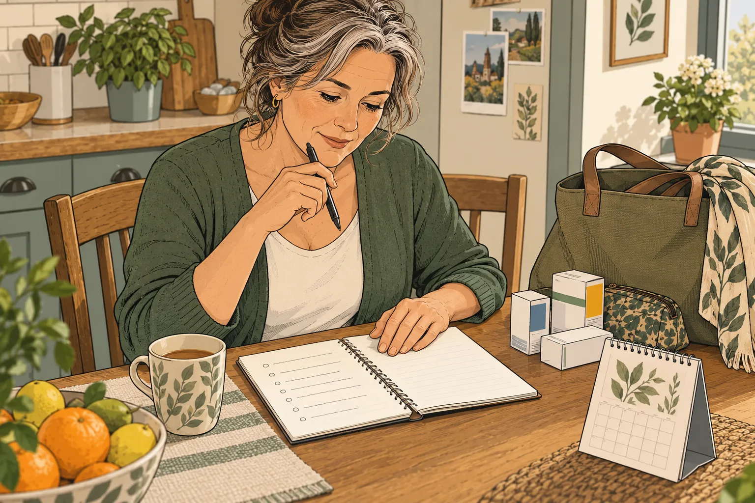 Illustration d’une femme préparant un carnet et ses questions avant un rendez-vous médical.