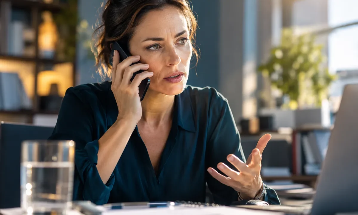 Une adulte appelle au téléphone près de son bureau, un verre d’eau en retrait.