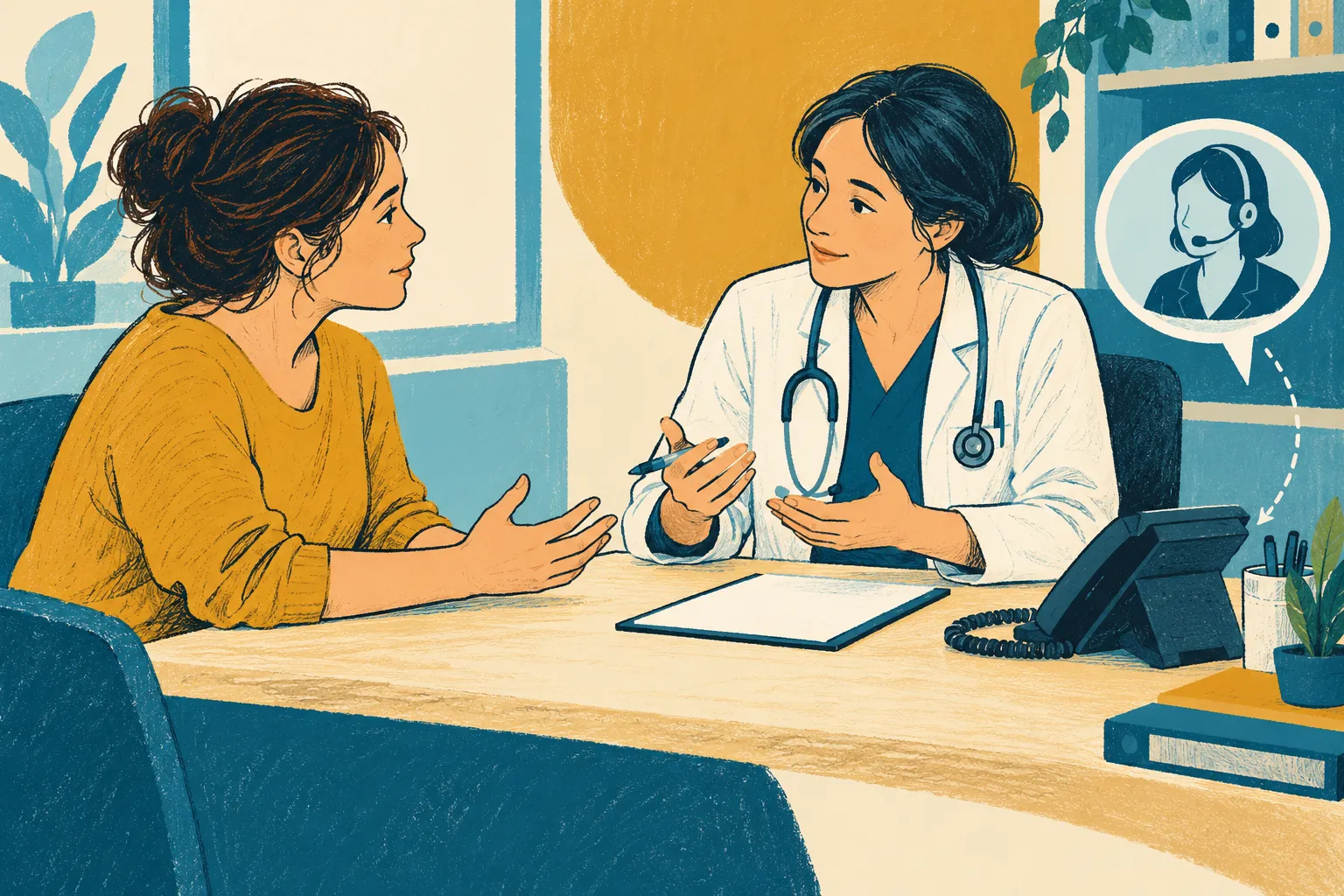 Raconter les circonstances de l’exposition en consultation Une patiente et une médecin échangent autour de notes en consultation.