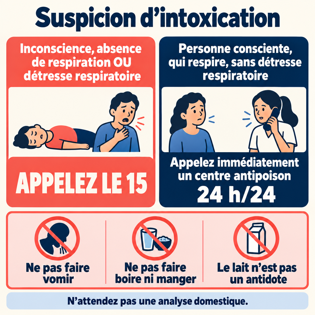 Suspicion d’intoxication : qui appeler et quels gestes éviter Inconscience, absence de respiration ou détresse respiratoire : appeler le 15. Personne consciente, qui respire sans détresse respiratoire : appeler immédiatement un centre antipoison. Ne pas faire vomir, boire ou manger ; le lait n’est pas un antidote.