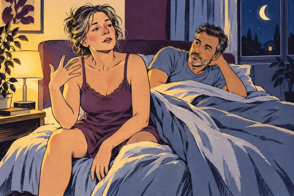 Illustration d’un couple dans une chambre pendant une nuit interrompue.