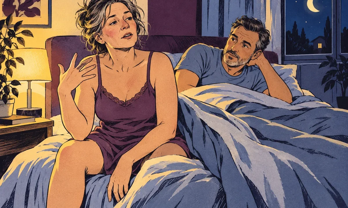 Illustration d’un couple dans une chambre pendant une nuit interrompue.