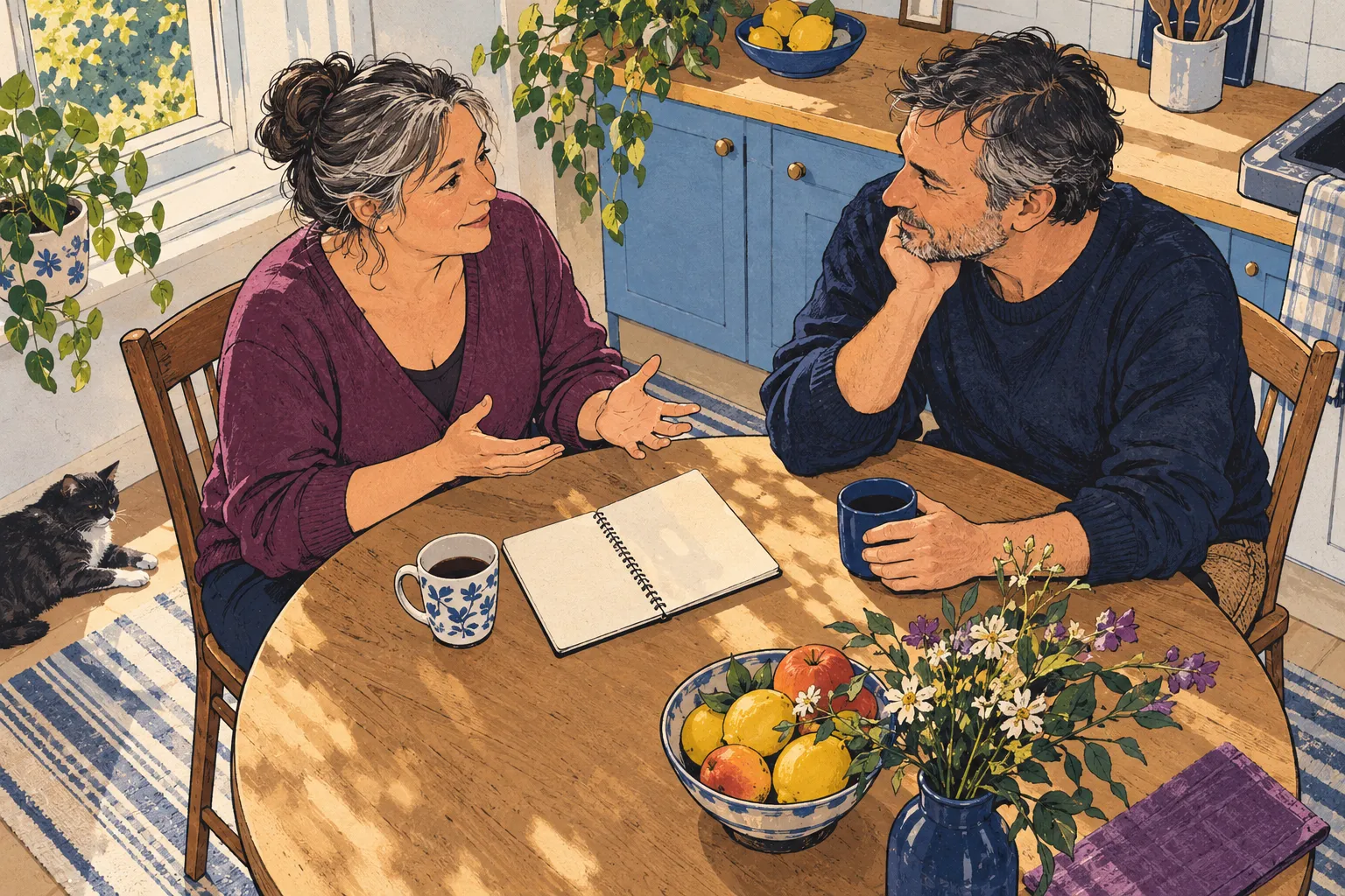 Illustration de deux personnes échangeant autour d’une table en journée.