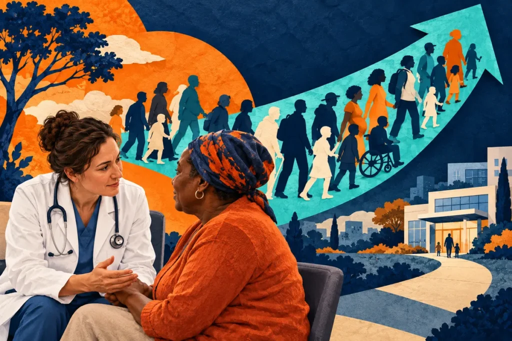 Composition illustrée évoquant la progression du nombre de patients traités et le dialogue médical.
