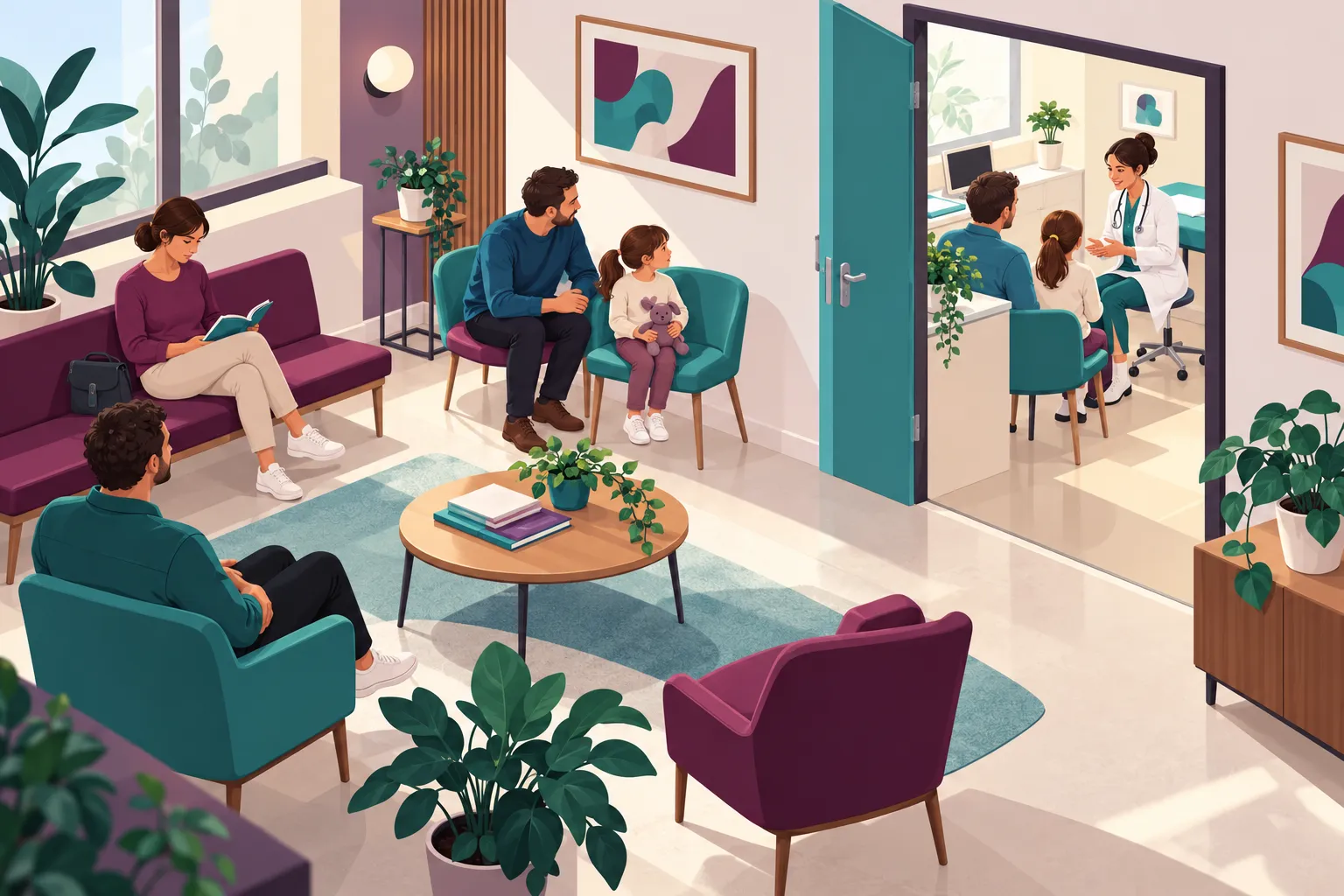 Illustration d’une salle d’attente et d’un échange en consultation, avec des adultes et un parent accompagné d’un enfant.