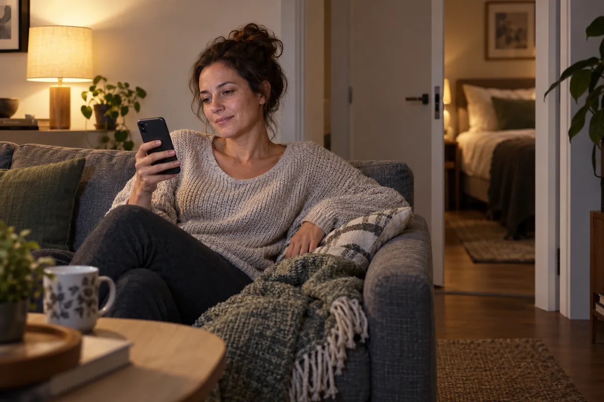 Une femme utilise son téléphone dans le salon le soir, près d’une chambre ouverte.