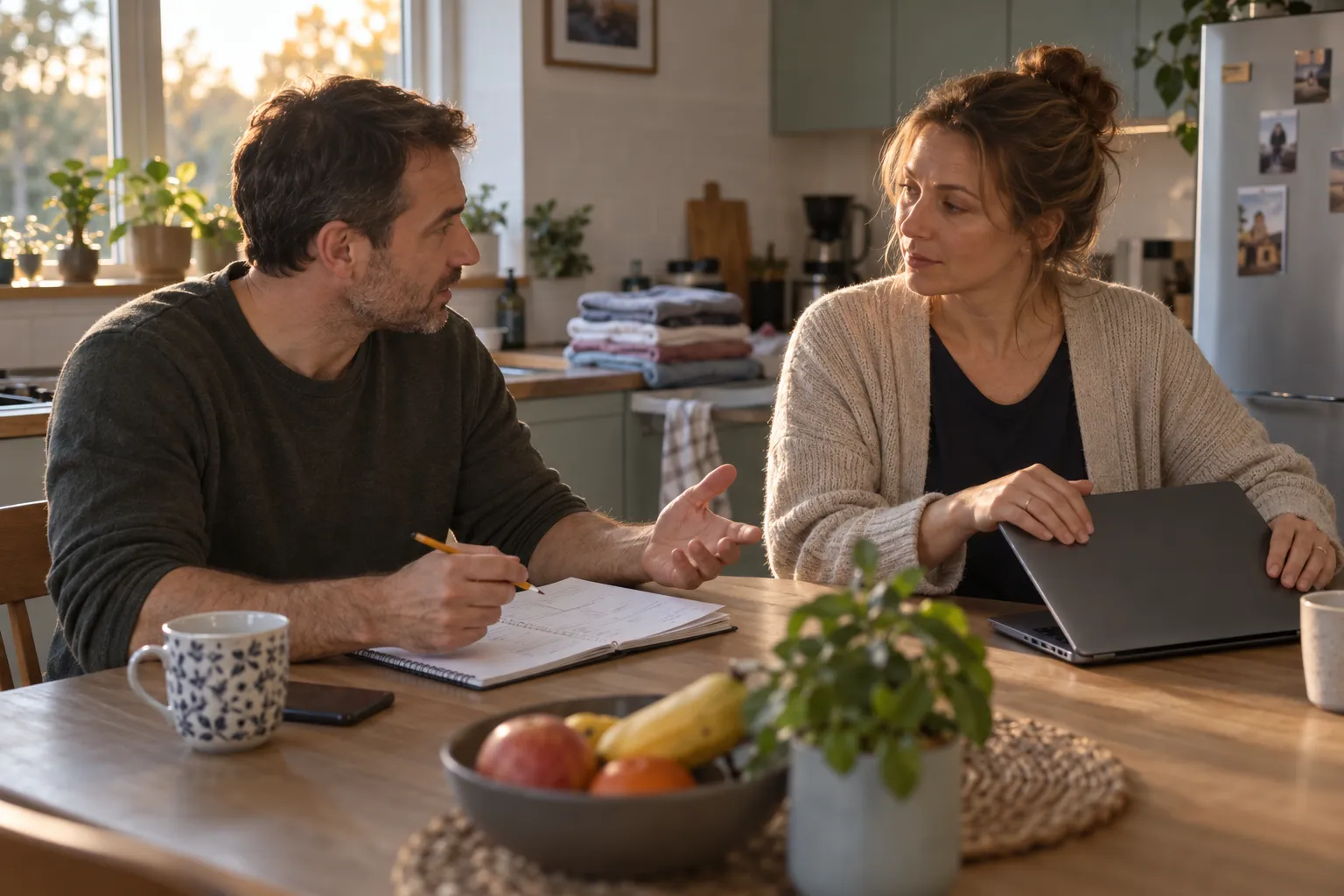 Deux adultes discutent autour d’un carnet à la table de la cuisine ; l’un ferme un ordinateur portable.