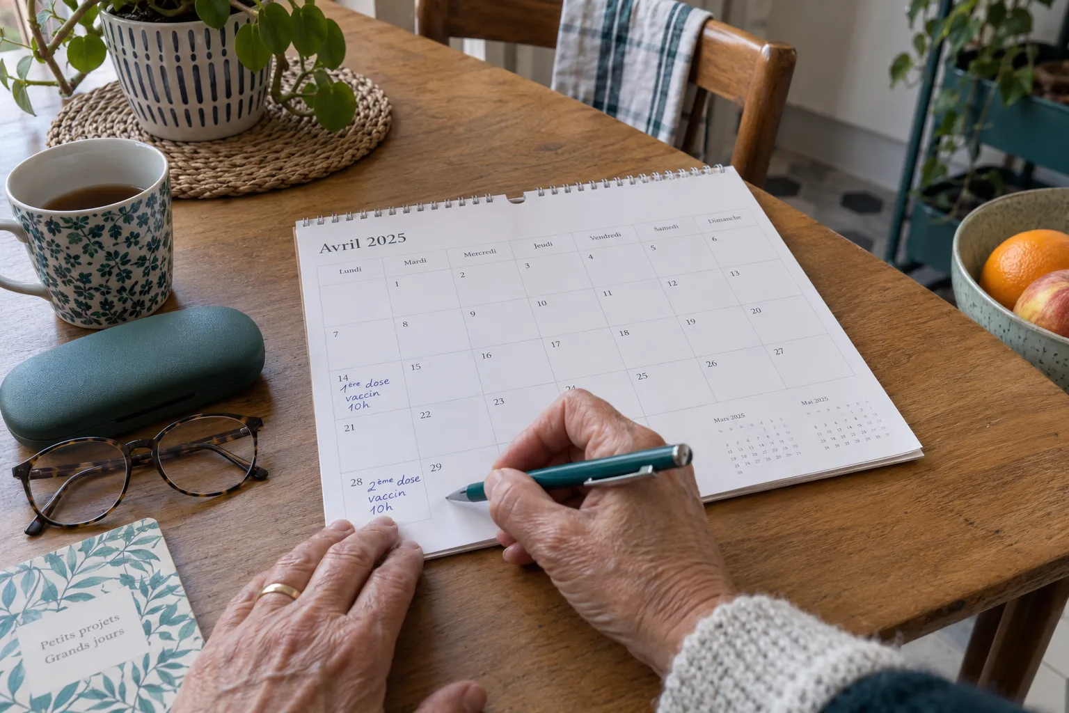 Une personne note des rendez-vous sur un calendrier papier posé sur une table.