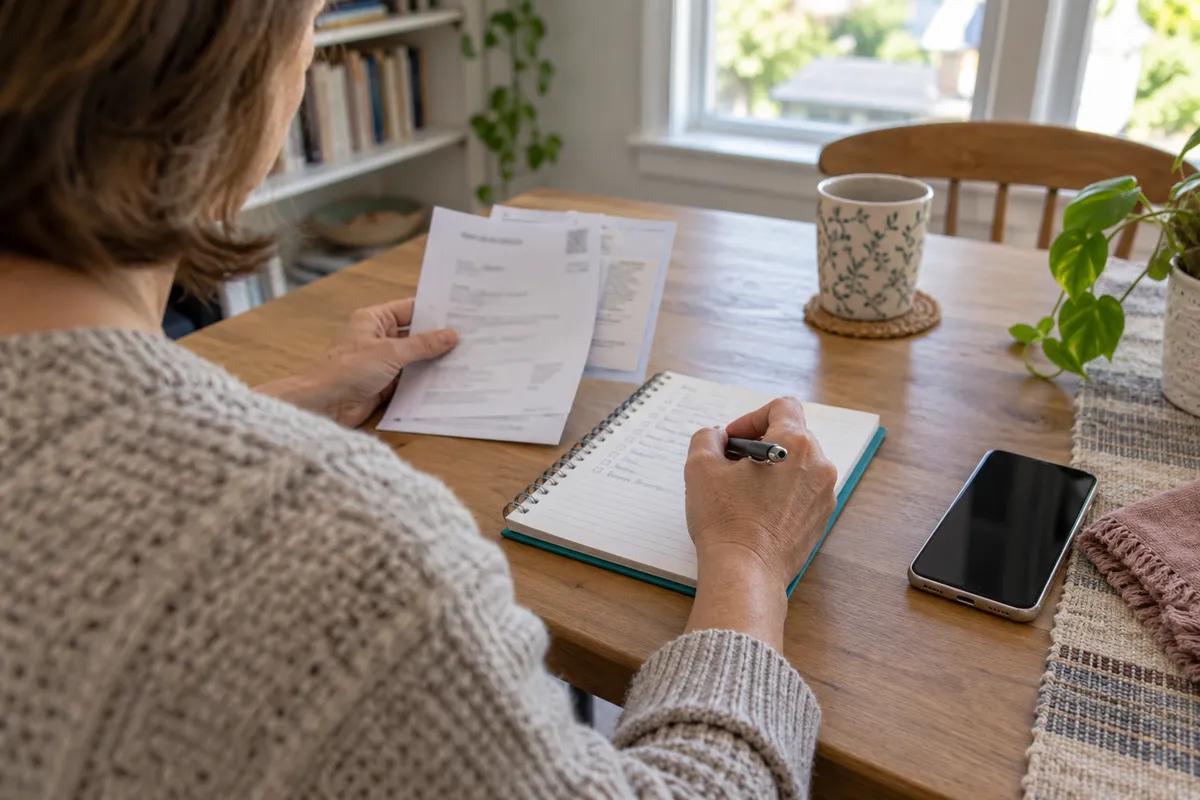Une personne prépare un carnet et des documents sur une table, avec un téléphone posé à côté.