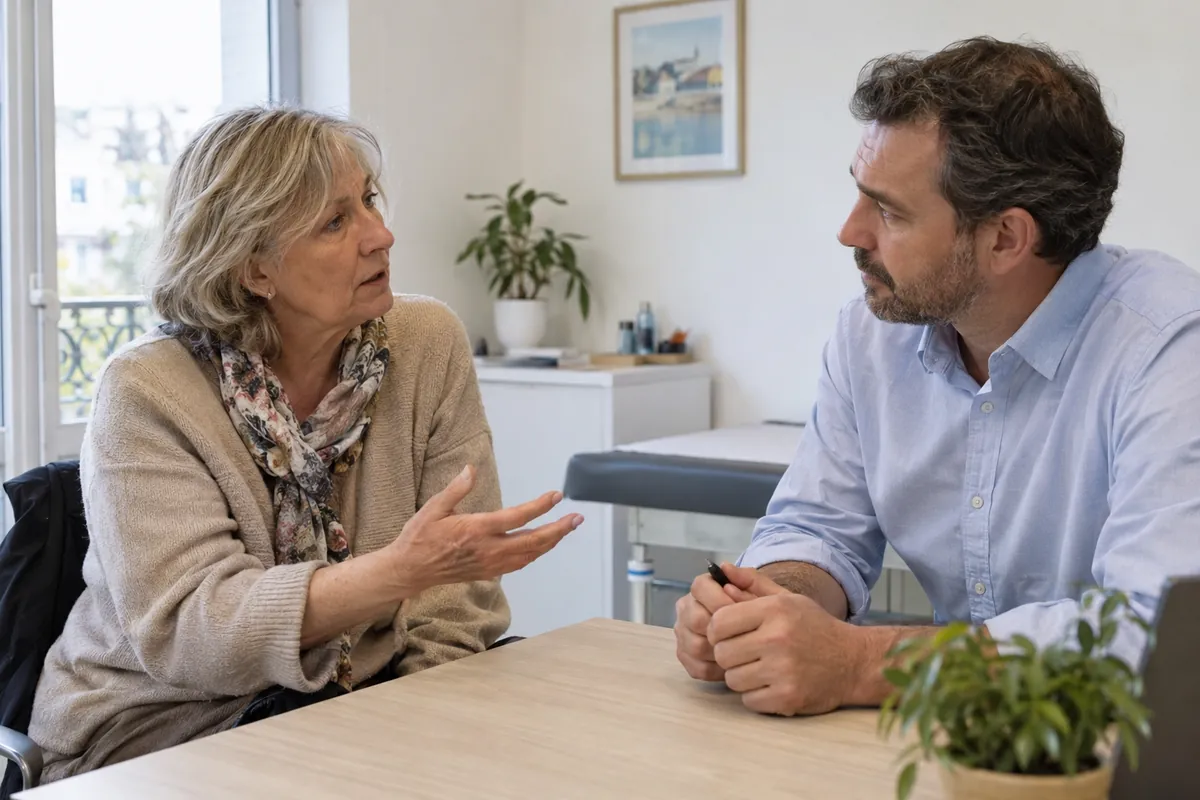 Une femme et un professionnel de santé échangent assis de part et d’autre d’un bureau.