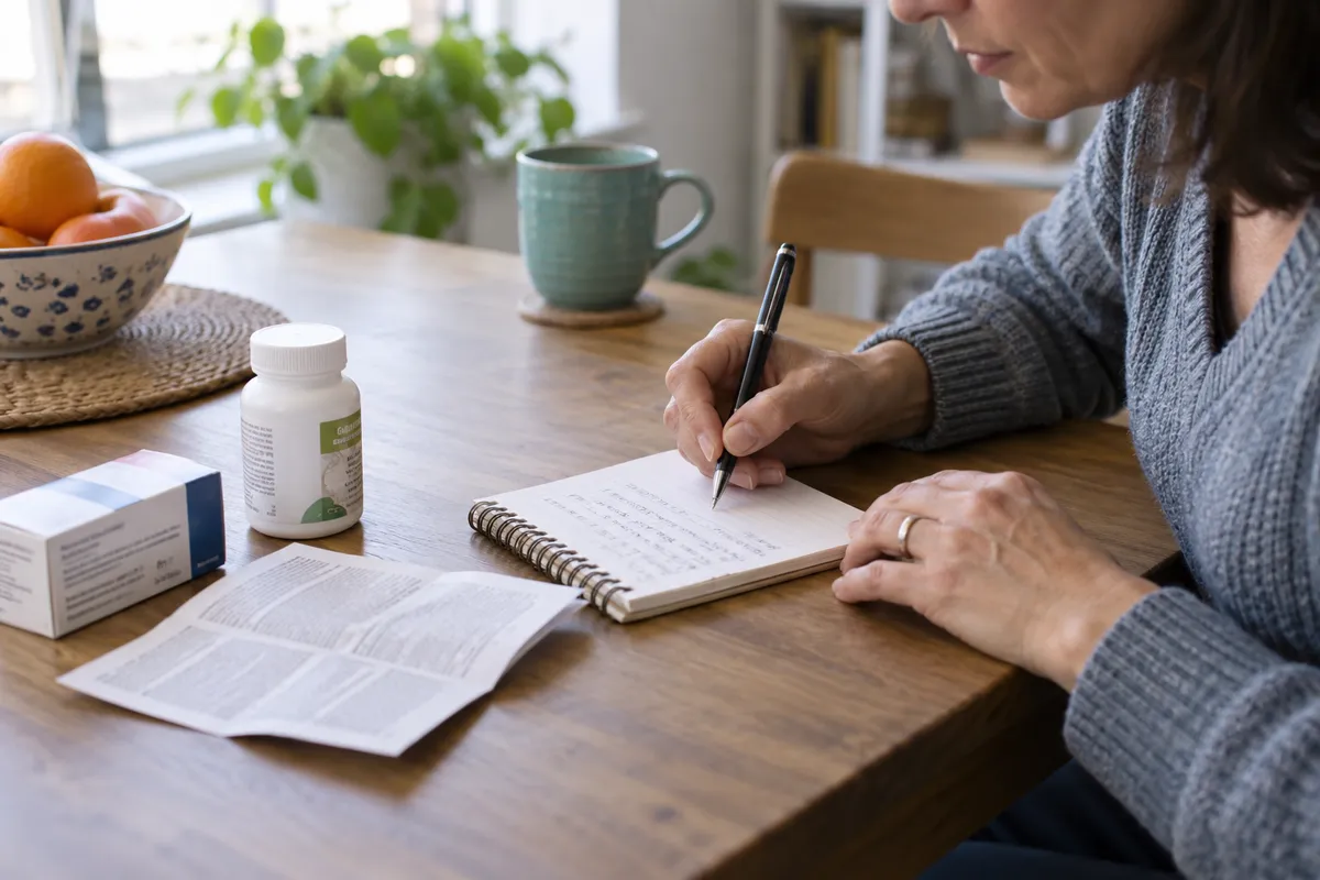 Un carnet, un stylo et des produits de santé réunis sur une table.