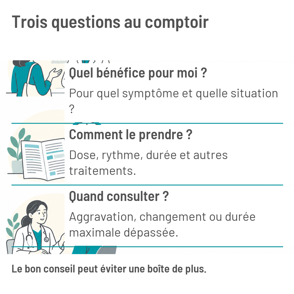 Questions au pharmacien : bénéfice pour votre symptôme, dose et durée avec les autres traitements, et moment où consulter.
