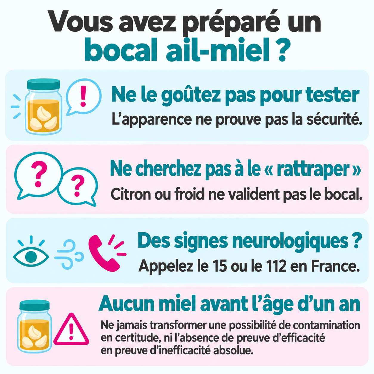 Bocal ail-miel : ne pas goûter pour tester sa sécurité ; ne pas compter sur le citron ou le froid pour le valider ; après consommation, appeler le 15 ou le 112 en France en cas de signes neurologiques. Aucun miel avant un an.