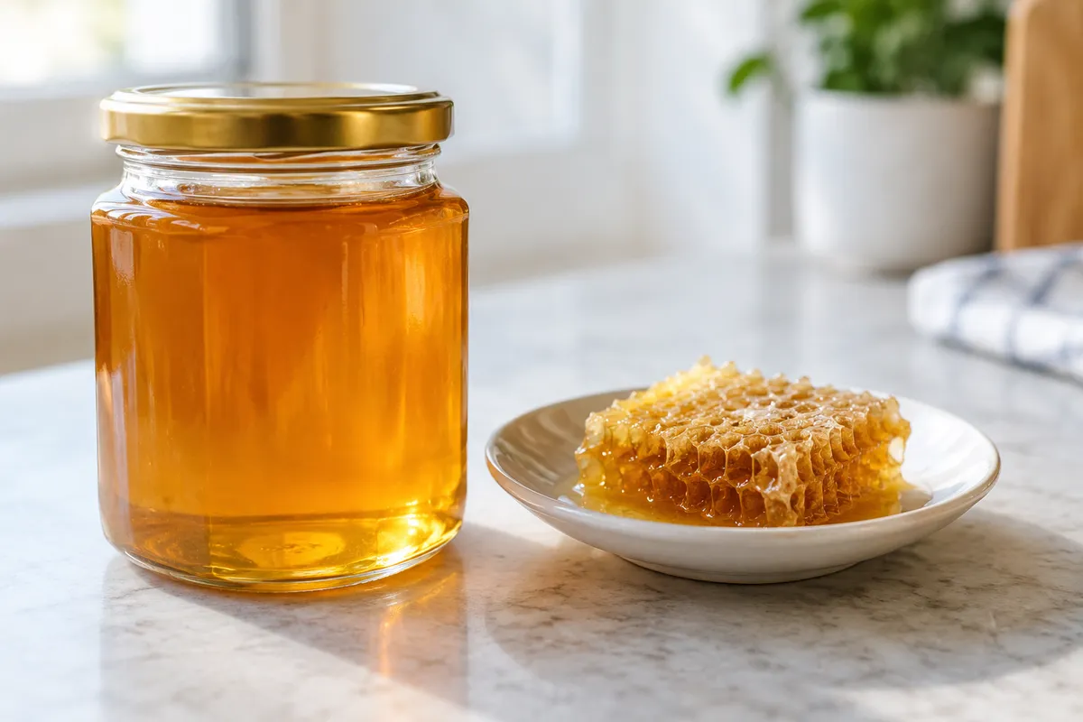 Un pot de miel fermé et un petit morceau de rayon de miel sur une table, sans enfant ni geste de dégustation.