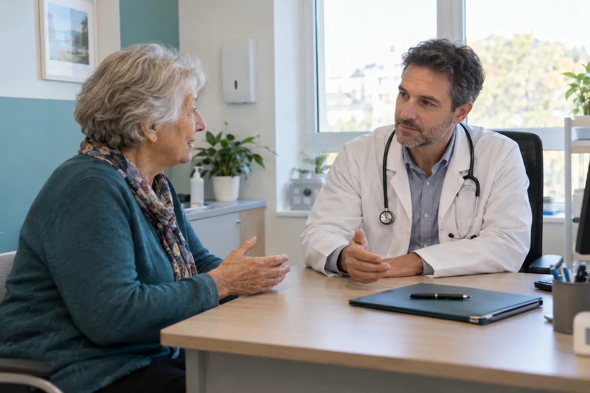 Une femme et un médecin échangent, assis de part et d’autre d’un bureau.