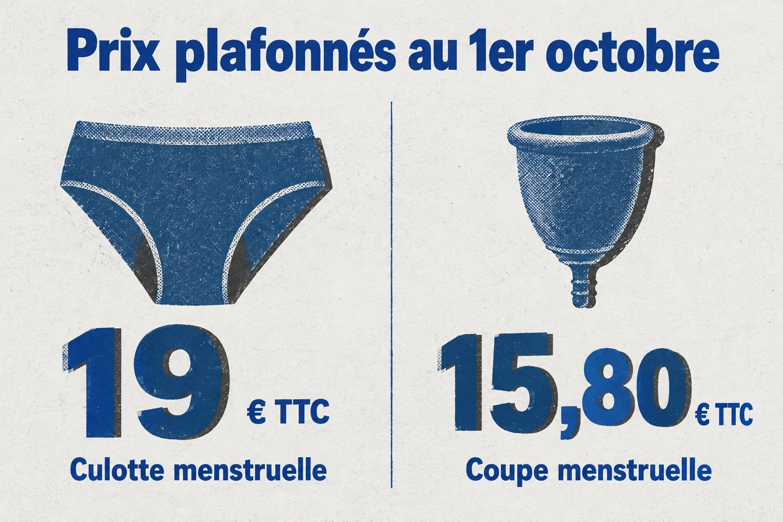Deux prix plafonnés au 1er octobre : 19 € pour une culotte menstruelle, 15,80 € pour une coupe.