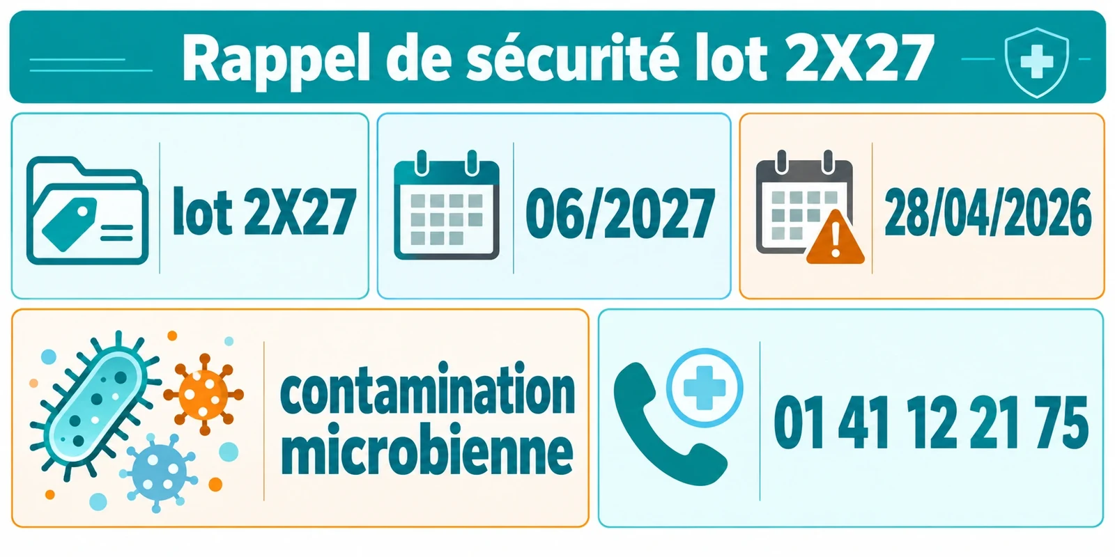 Modules d'information sur le rappel du lot 2X27 d'Atropine 1% Faure avec péremption 06/2027, rappel au 28/04/2026, risque de contamination microbienne et contact 01 41 12 21 75.