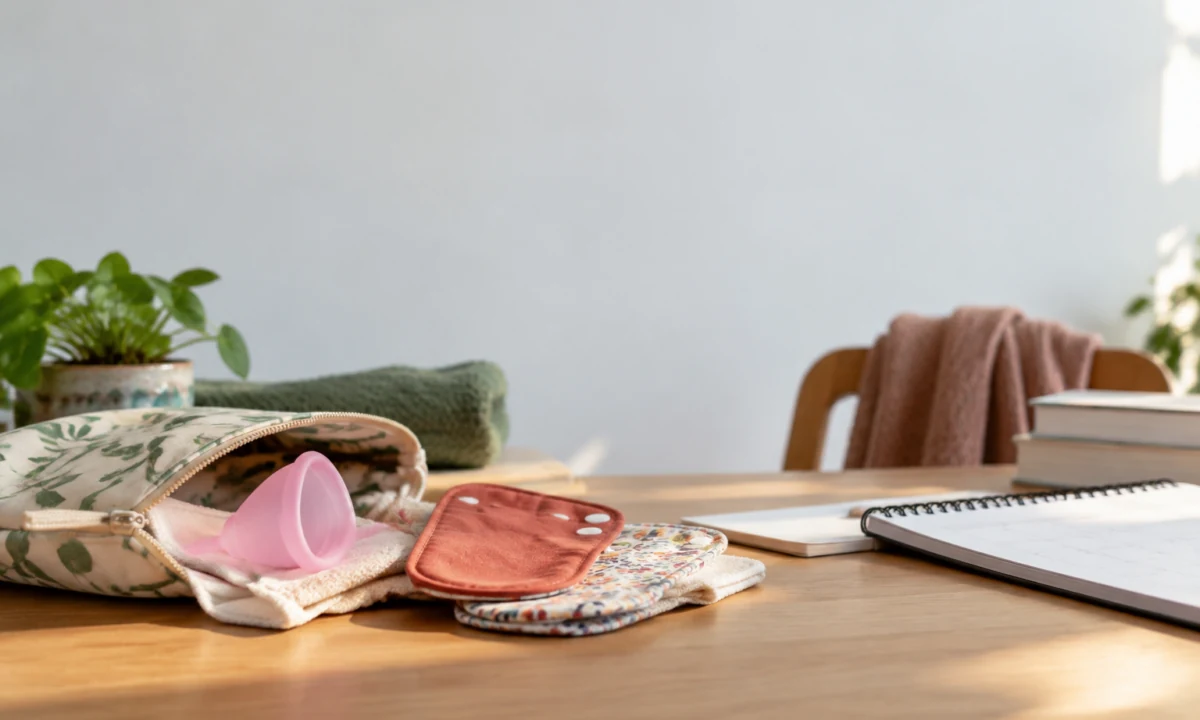 Une coupe menstruelle rose et des serviettes en tissu lavables posées sur un bureau en bois avec une plante.