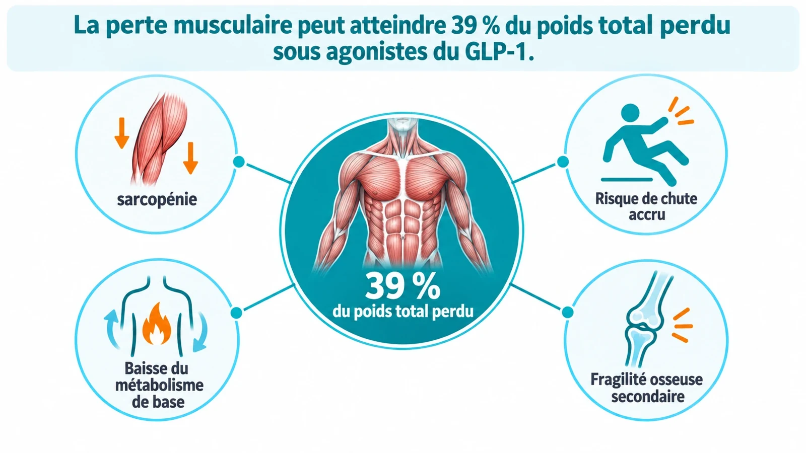 Schéma en étoile illustrant une perte musculaire de 39 % au centre, entourée des risques de sarcopénie, chute accrue, baisse du métabolisme et fragilité osseuse.
