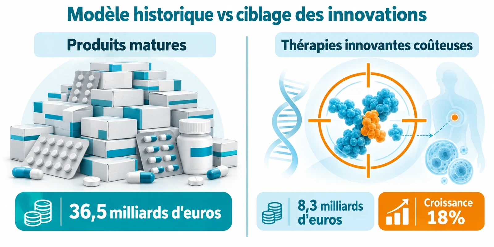 Schéma comparatif du modèle de régulation saturé sur les génériques et biosimilaires versus le nouveau ciblage des thérapies innovantes coûteuses, avec les montants 36,5 milliards d'euros de dépenses remboursables et 8,3 milliards d'euros de remises en 2023.
