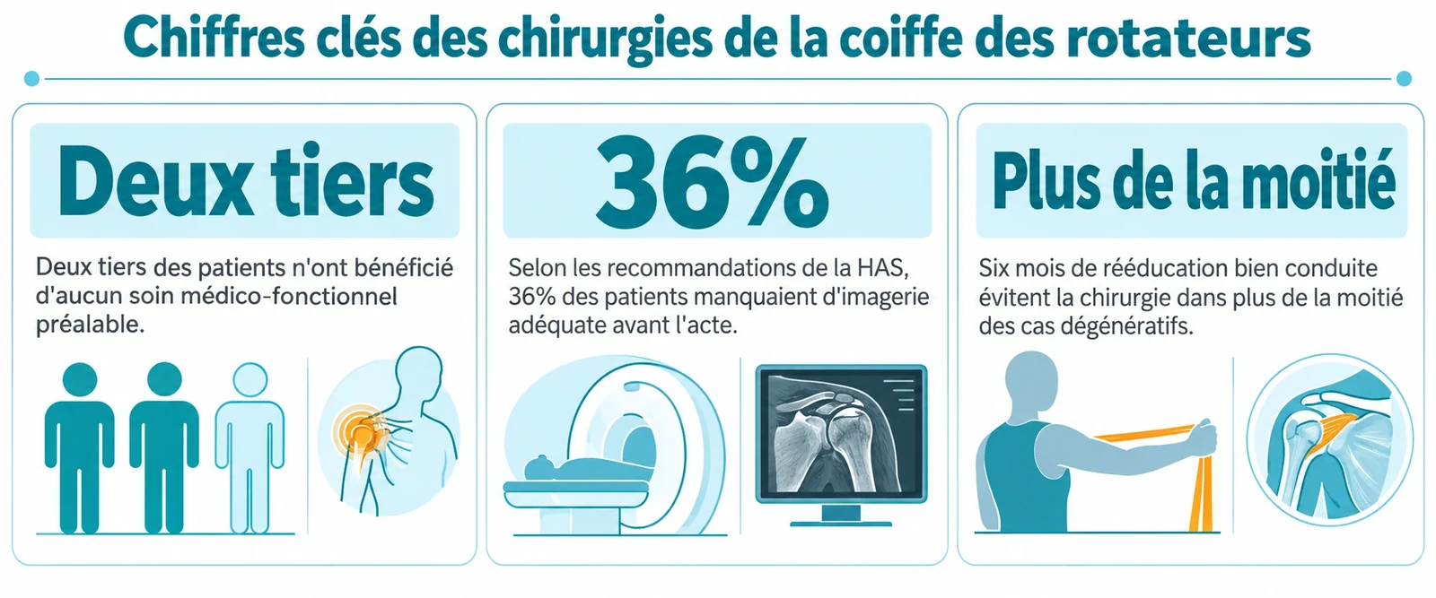Tableau de bord des statistiques HAS : deux tiers des opérés sans soins préalables, 36 % sans imagerie adéquate et plus de la moitié des cas dégénératifs évités par six mois de rééducation
